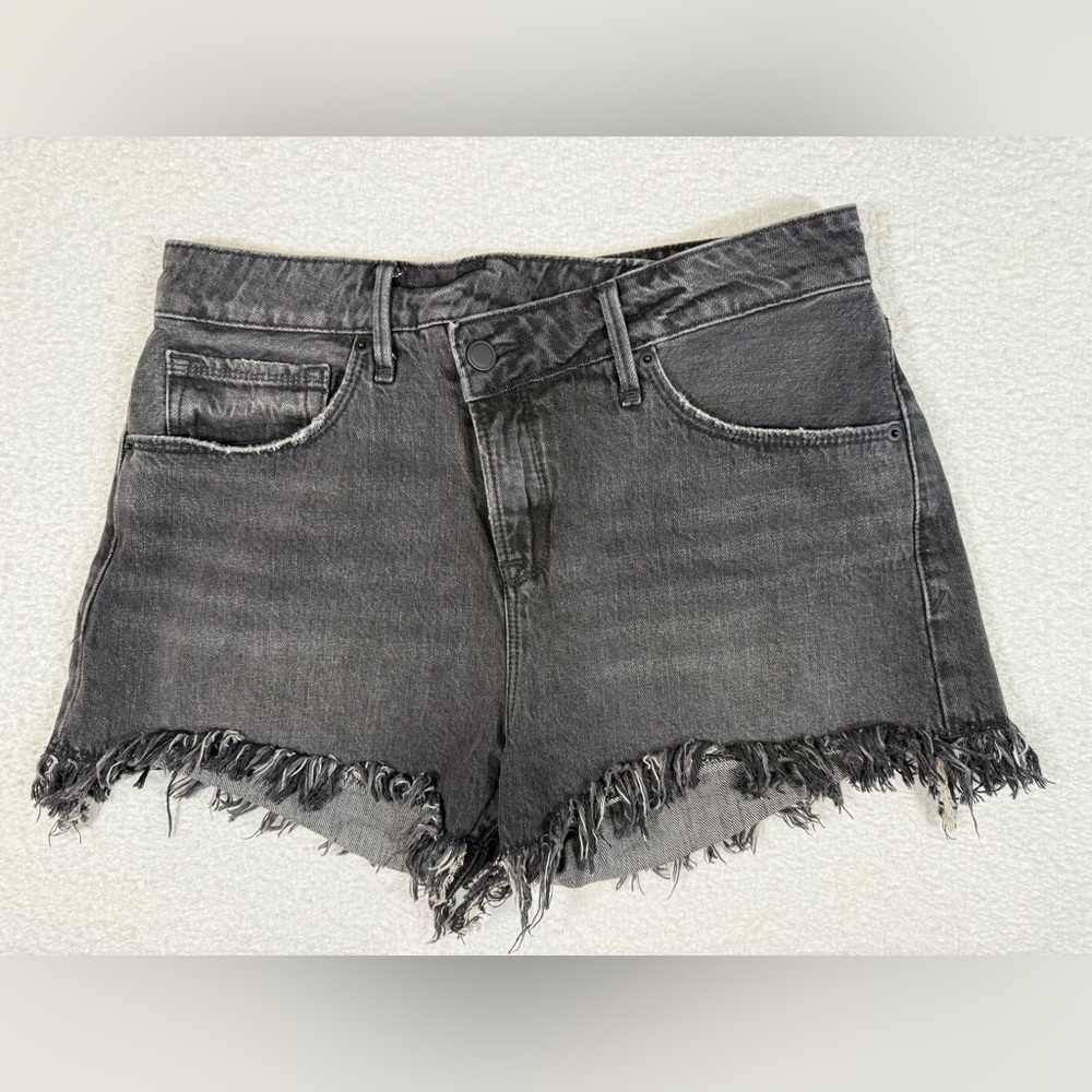 Good American 90s High Waist womens Fray Hem Denim Shorts In Black size 4/27